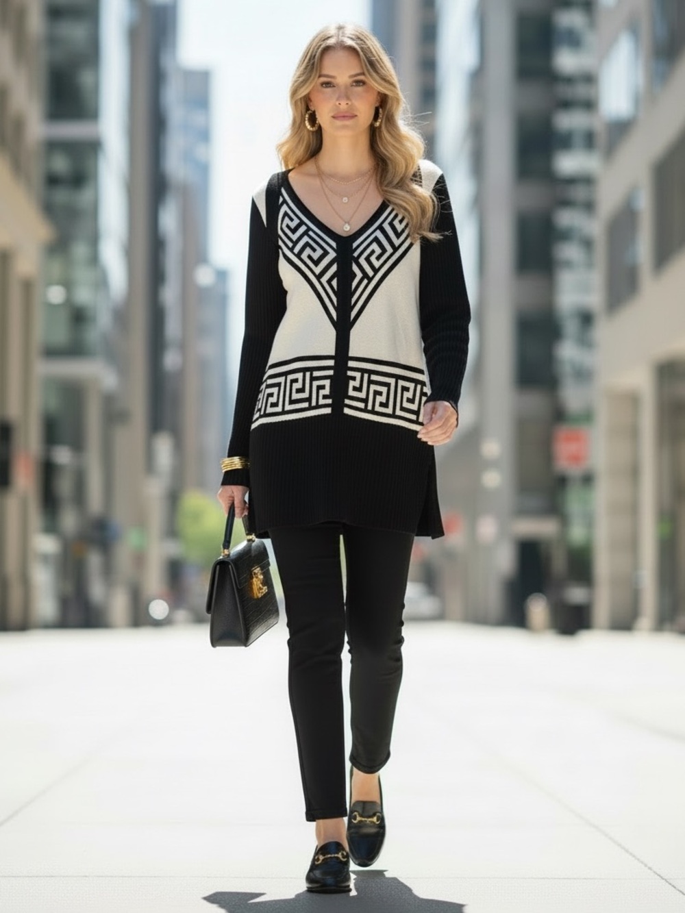 St. John Collection Greek Key Sweater Black & White Geometric V-Neck Tunic S - Picture 7 of 8